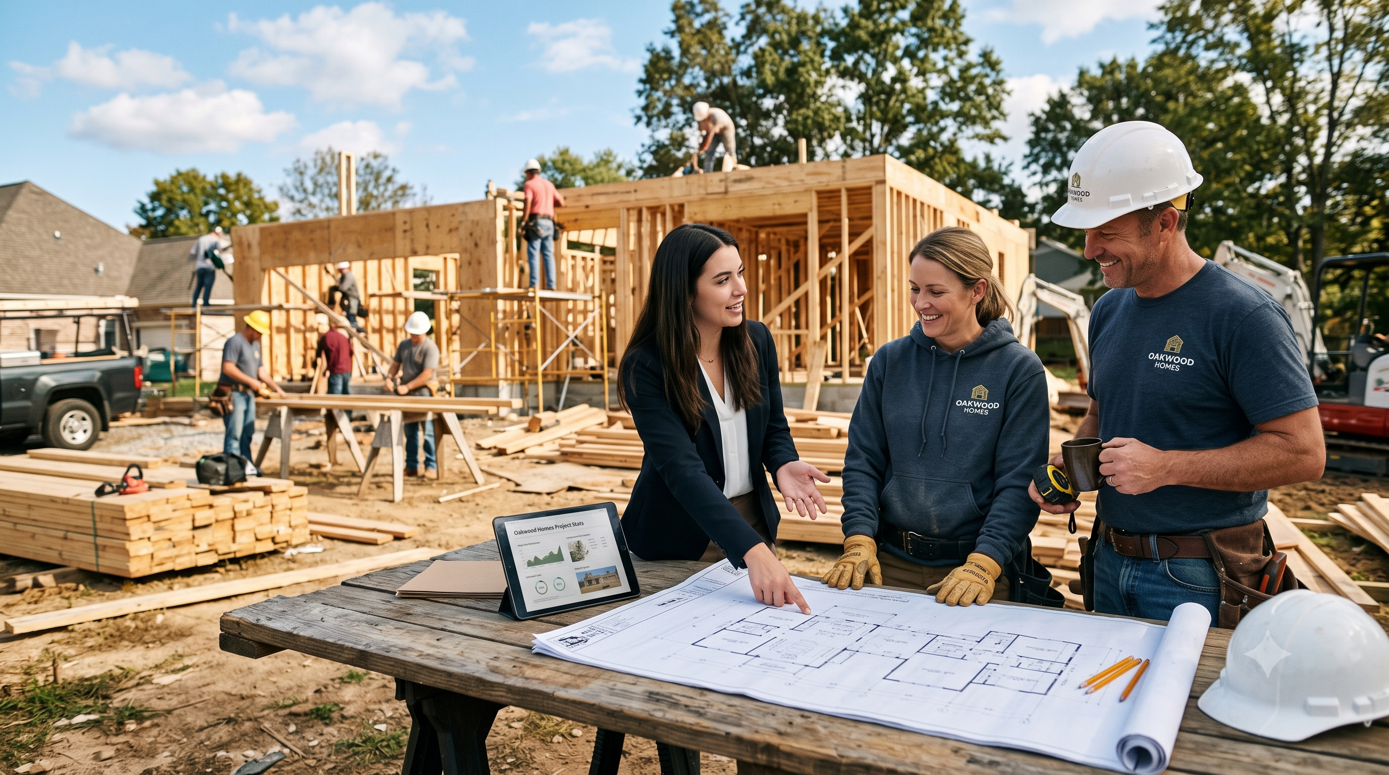 Home builders reviewing plans on a job site — marketing for home builders by Goliath